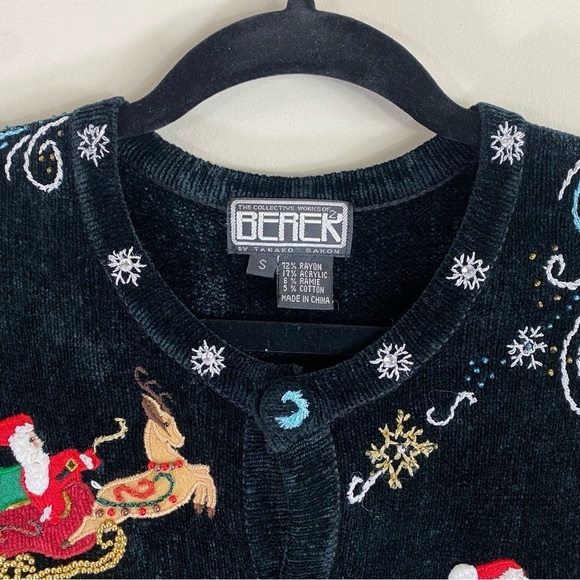 Berek Black Vintage Appliquéd Beaded Christmas Holiday Sweater Cardigan SZ S - Picture 5 of 12
